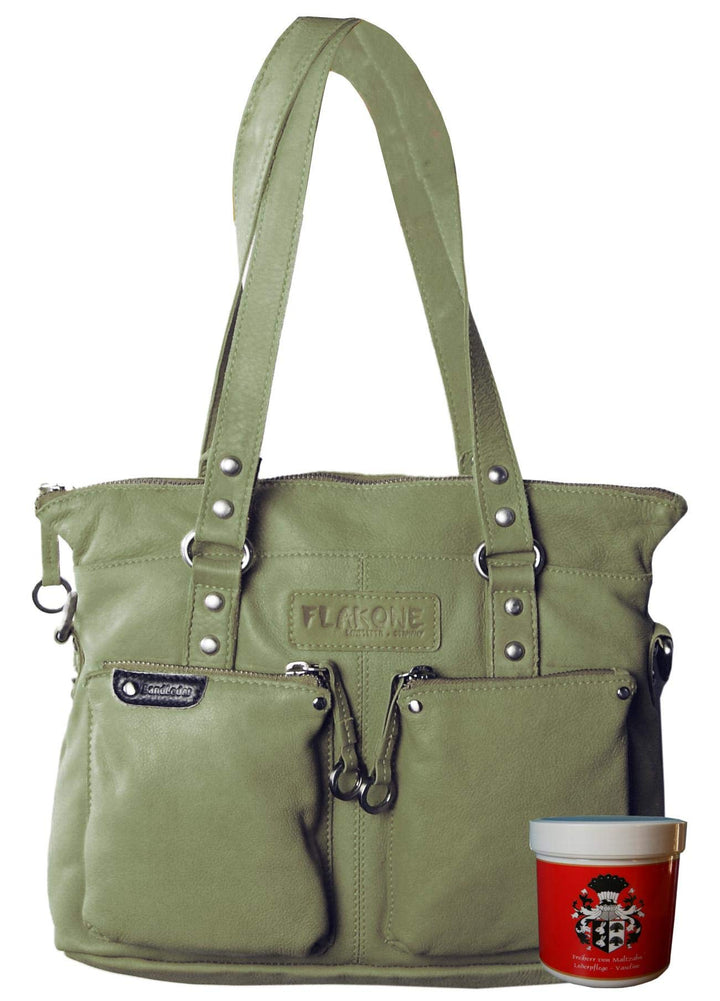 LL Baron of MALTZAHN Damen Schultertaschen FLAKONE Bluegrey-Taupe Shopper-718 aus Leder incl. Lederp