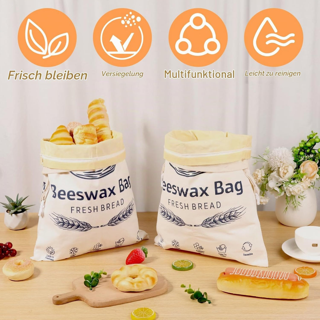 2 Stück Bienenwachs Brotbeutel 43×33cm Leinen Brottüten Beeswax Bread Bag Bio Wiederverwendbare mit