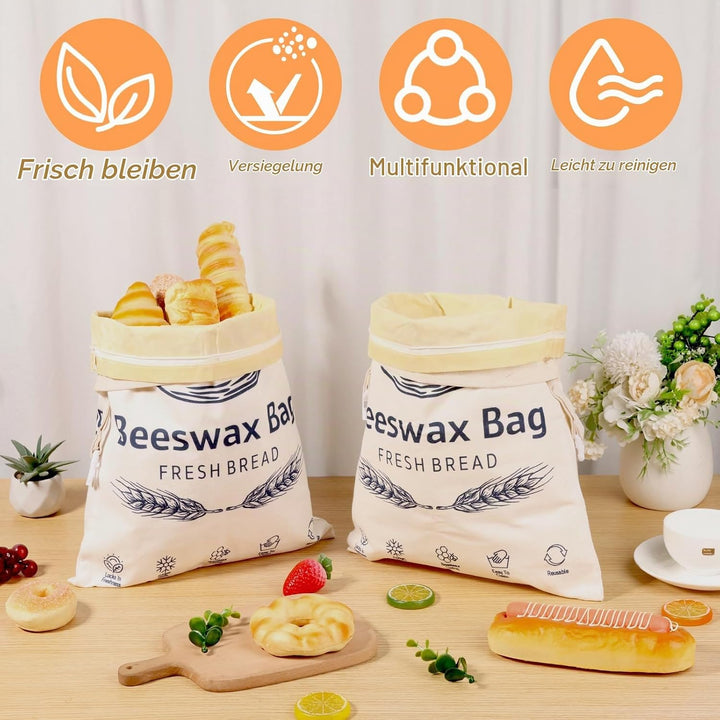 2 Stück Bienenwachs Brotbeutel 43×33cm Leinen Brottüten Beeswax Bread Bag Bio Wiederverwendbare mit