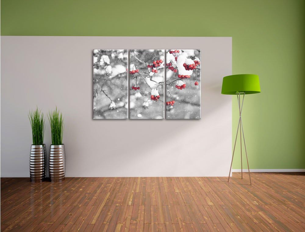Pixxprint Vogelbeeren mit Schnee bedeckt Schwarz/Weiss 3-Teiler Leinwandbild 120x80 Bild auf Leinwan