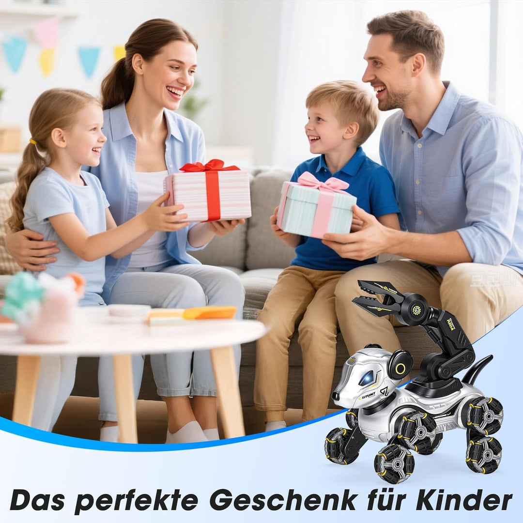 Roboter Hund Kinder – Interaktiver RC Roboterhund mit Gestensteuerung Uhr, Greifarm, 8-Rad Stunts, L