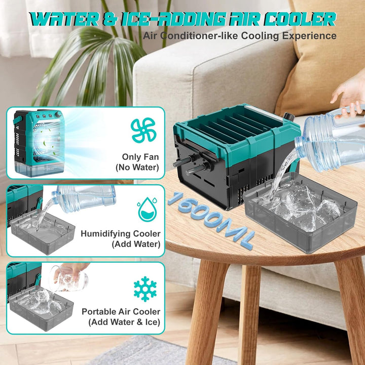 Ventilator mit Wasserkühlung Kompatibel für Makita 18V Akku und USB-betrieben，Luftkühler mobil mit W