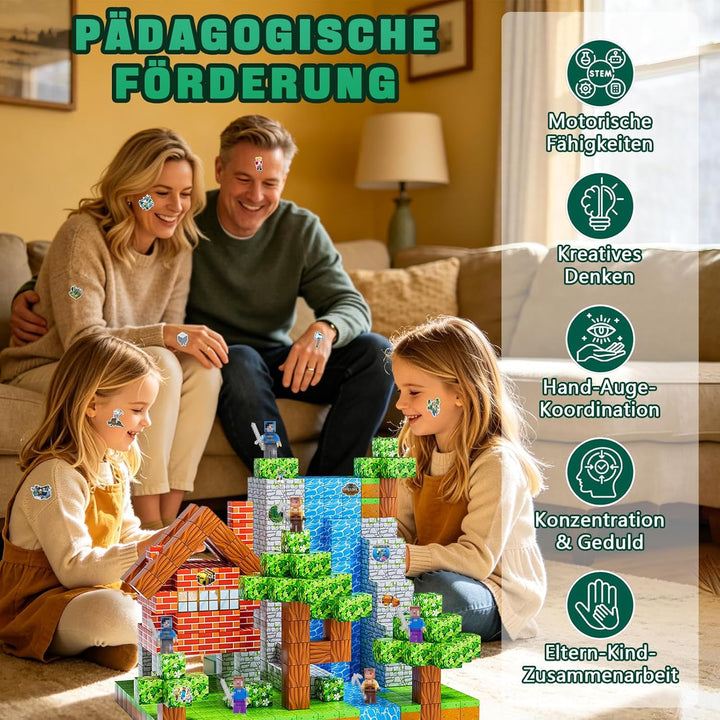 Magnetische Bausteine 150 Stück, Magnetbausteine Set mit 6 Minenarbeiter Figuren & 20 Aufklebern, 3D