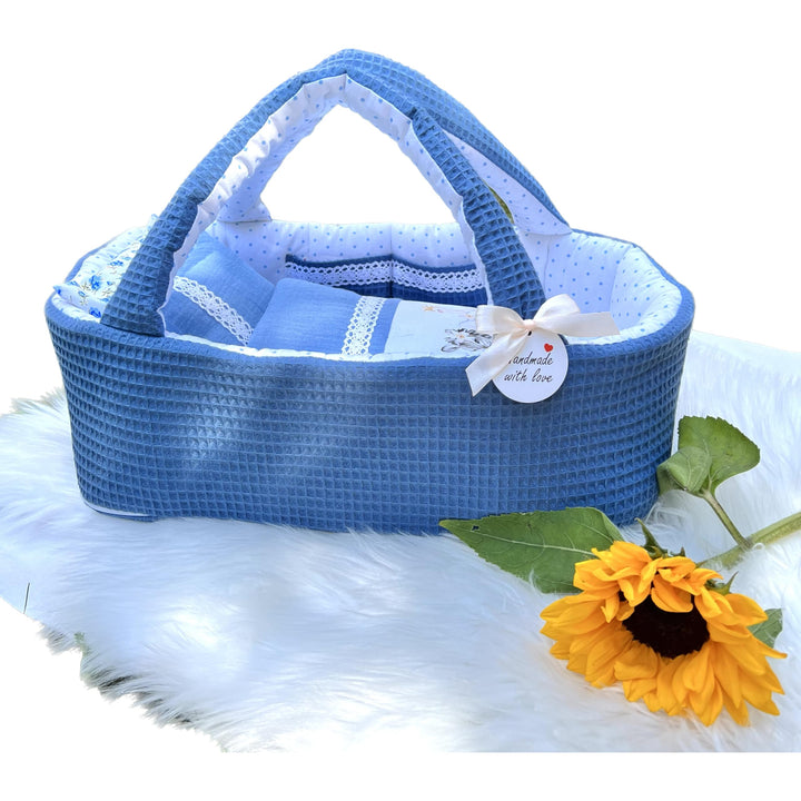Puppentragetasche für Puppen 35-40 cm, Blau, Baumwolle, Tieren, Waschbar (35-40, Blau Nr. 17) 35-40