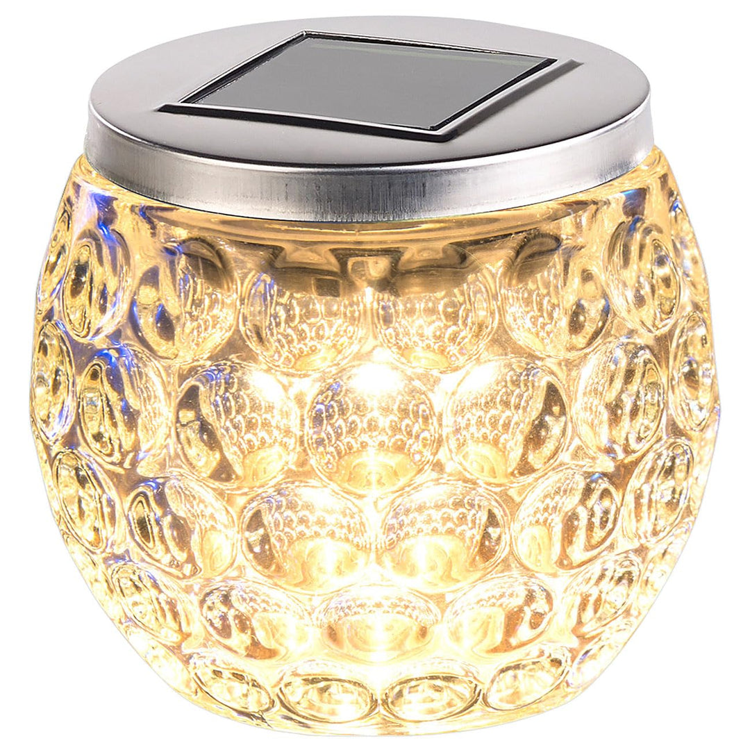 Lunartec Solar Tischlicht: Solar-LED-Windlicht aus Glas, mit tollem Lichtmuster, IP44, Ø 10 cm (Tisc