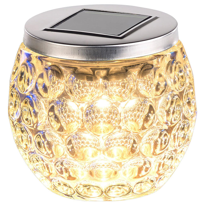 Lunartec Solar Tischlicht: Solar-LED-Windlicht aus Glas, mit tollem Lichtmuster, IP44, Ø 10 cm (Tisc