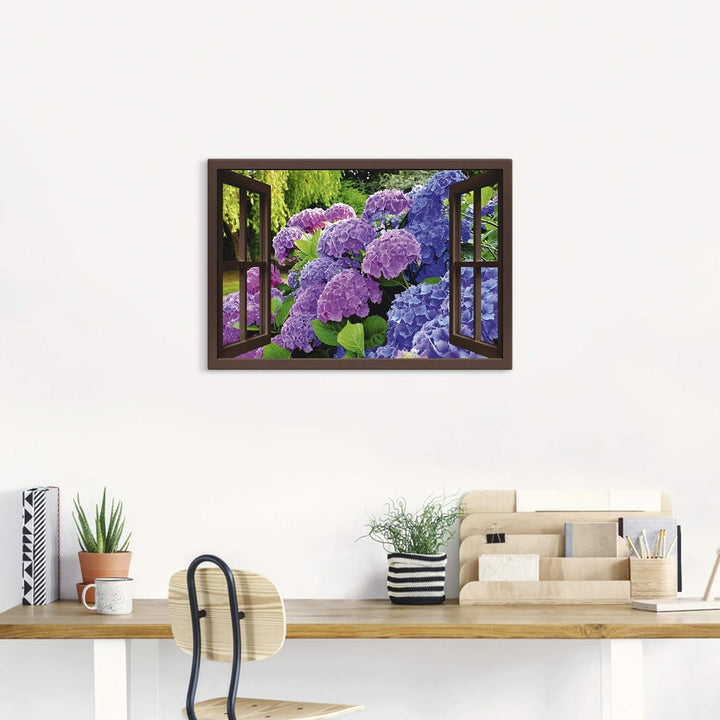 ARTland Leinwandbilder Wandbild Bild auf Leinwand 70x50 cm Fensterblick Hortensien im Garten T5QA Ho