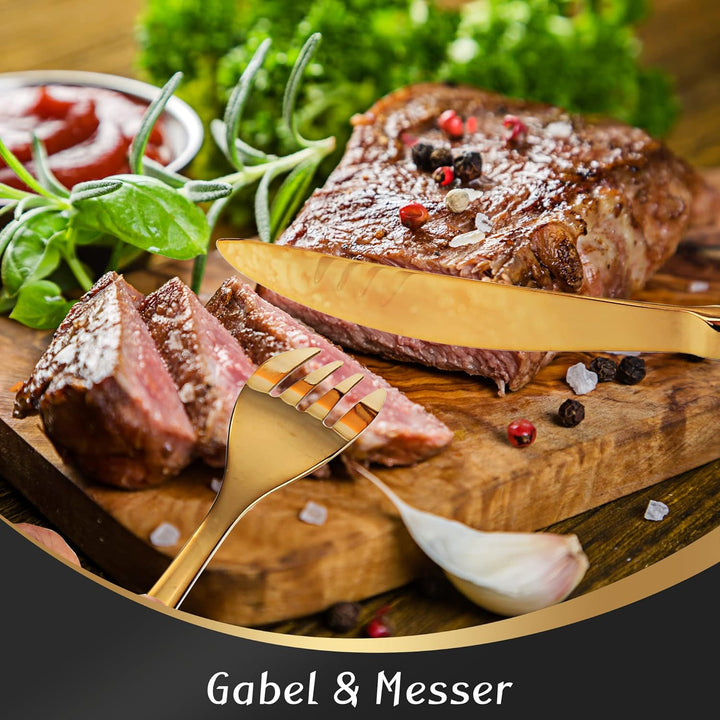 Golden Besteck Set 6 Personen, 24 Stück Edelstahl Besteck Set, Messer Gabel Löffel mit Geschenkbox,