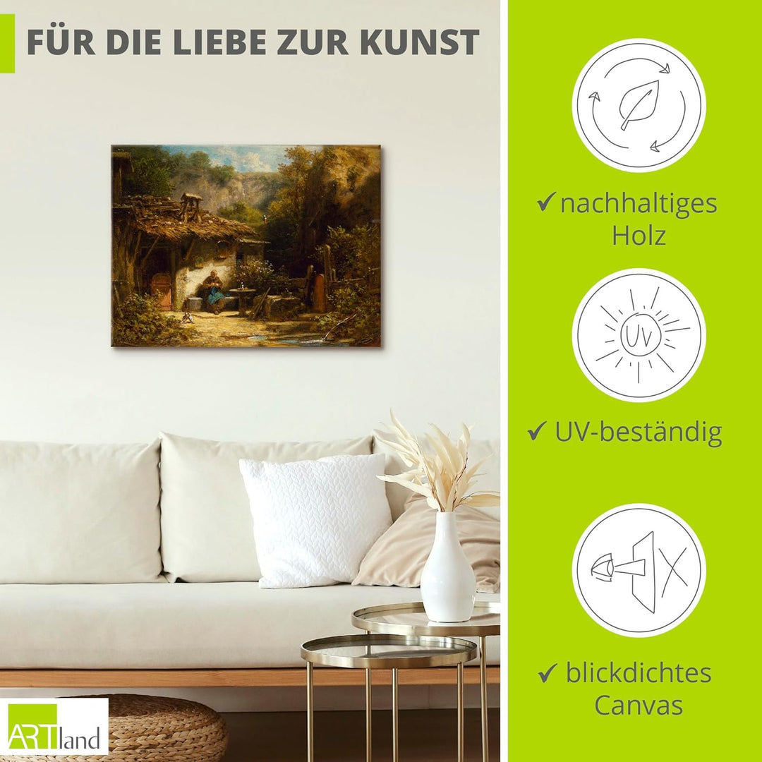 ARTland Leinwandbilder Wandbild Bild auf Leinwand 60x45 cm Wanddeko Garten Hütte Pflanzen Eremit Sit