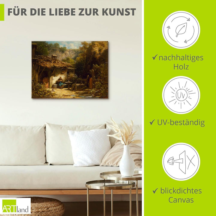 ARTland Leinwandbilder Wandbild Bild auf Leinwand 60x45 cm Wanddeko Garten Hütte Pflanzen Eremit Sit