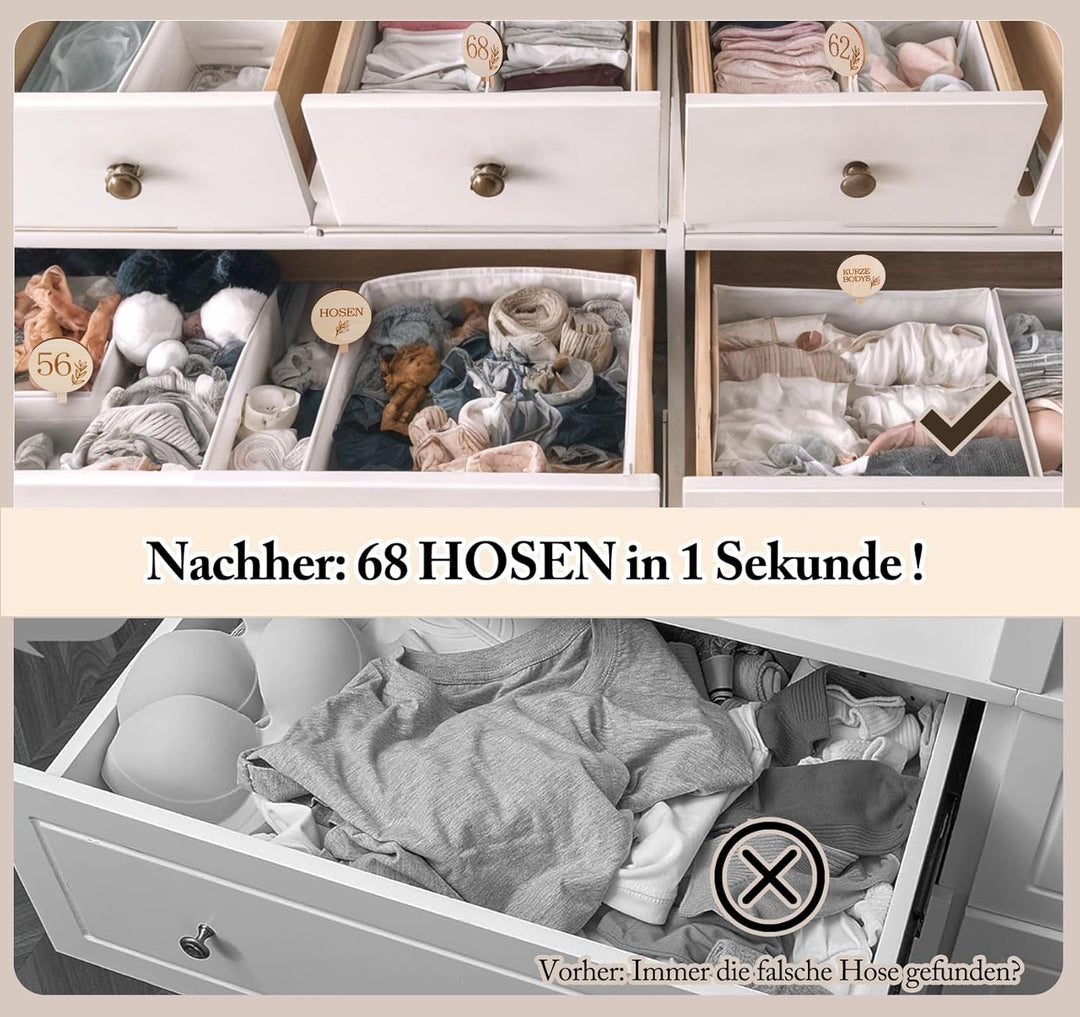 HOUISM Grössentrenner Baby & Kleider Organizer aus Holz | 27 Stück Grössenclips mit Gravur (50-122)
