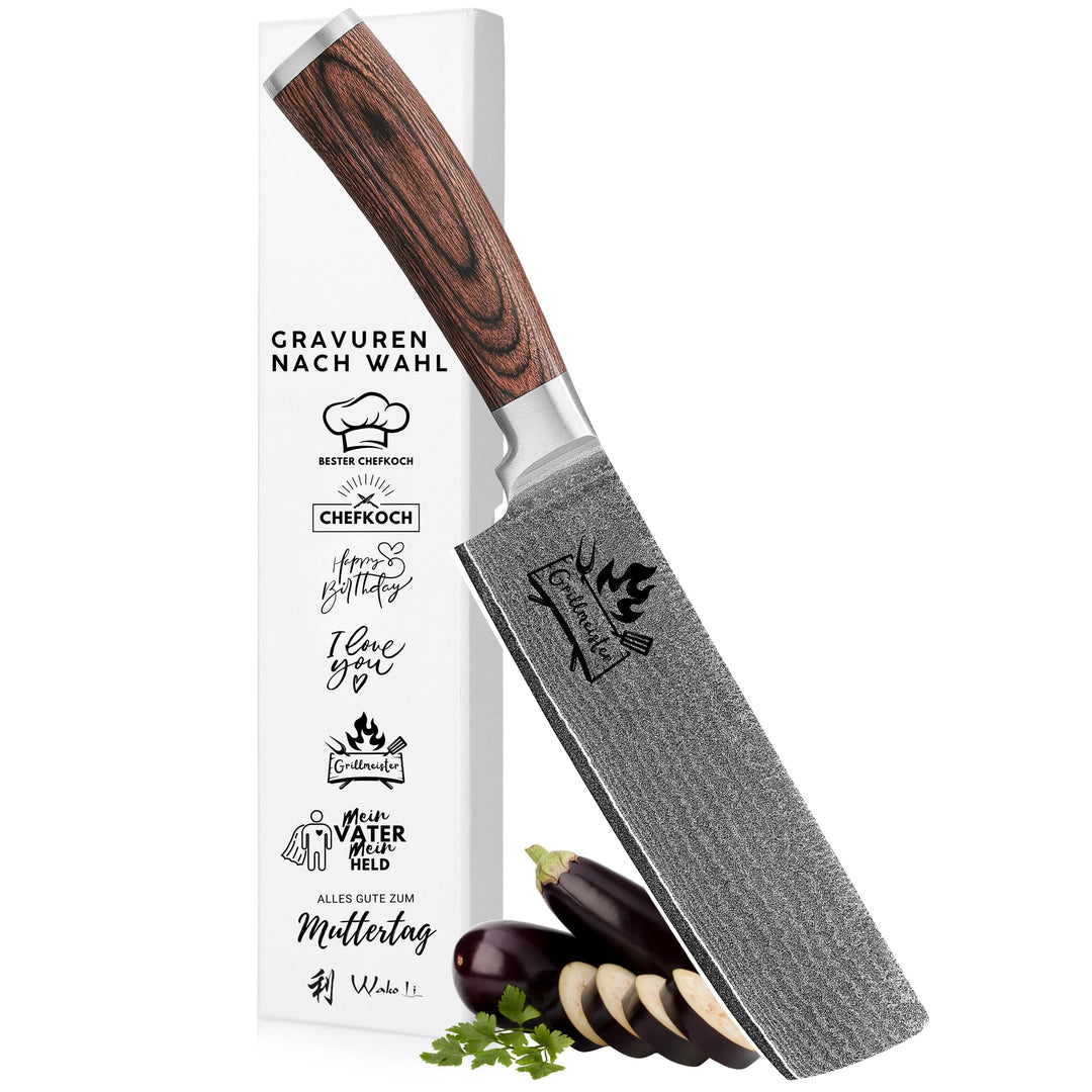 Wakoli EDIB Nakiri Messer mit Gravur, personalisiertes Geschenk für Hobbyköche, 17,5 cm VG10 Damasts