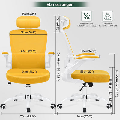 KERDOM Bürostuhl Schreibtischstuhl Ergonomisch mit Verstellbarer Kopfstütze 9060H-C Gelb, 9060H-C Ge