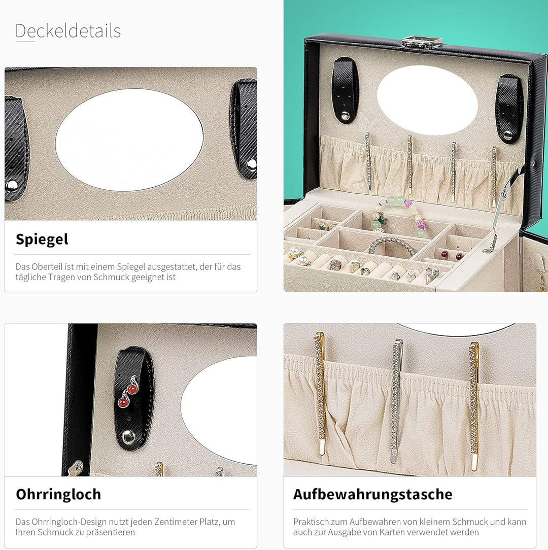 AdelDream Schmuckkasten Schmuckkästchen mit 2 Schubladen abschliessbarer Schmuck-Organizer mit Spieg