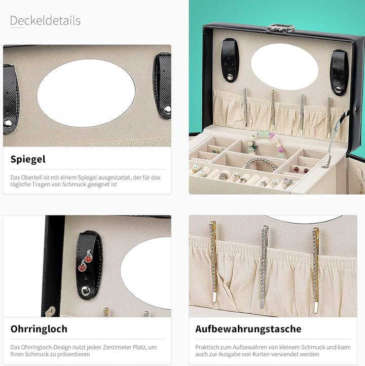 AdelDream Schmuckkasten Schmuckkästchen mit 2 Schubladen abschliessbarer Schmuck-Organizer mit Spieg