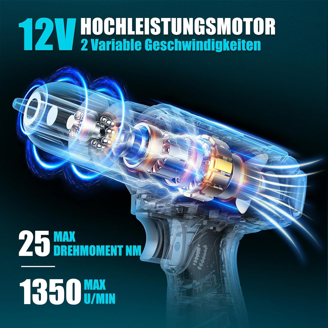 Sundpey Werkzeugkoffer Gefüllt 206tlg, 12V Akkuschrauber zum Anziehen/Lösen von Schrauben, Haushalts
