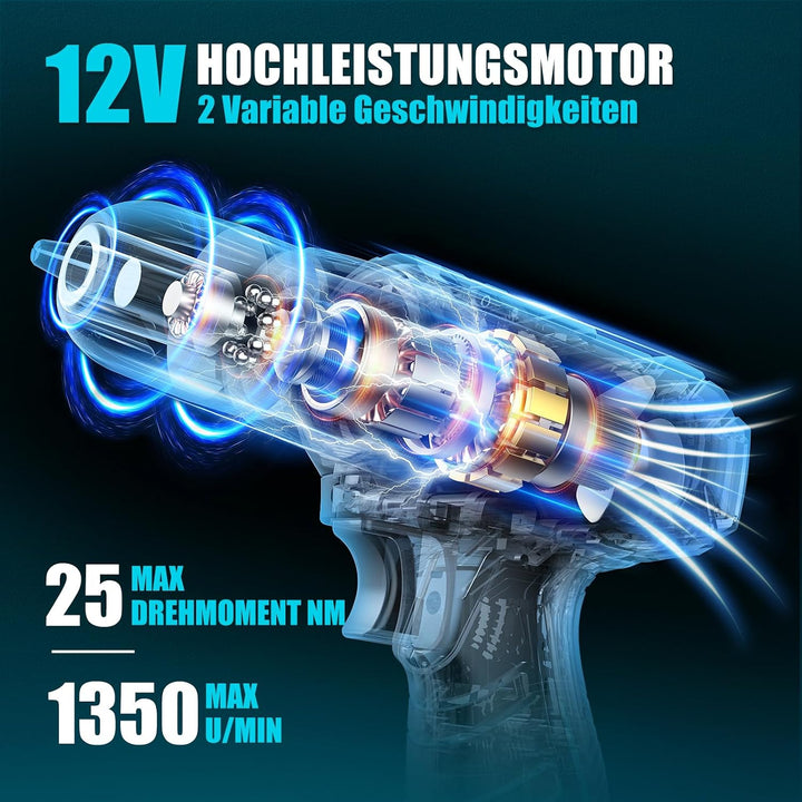 Sundpey Werkzeugkoffer Gefüllt 206tlg, 12V Akkuschrauber zum Anziehen/Lösen von Schrauben, Haushalts