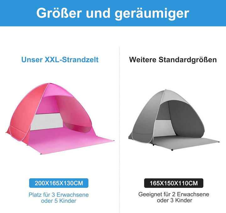 XXL Strandmuschel Pop Up für 3 Erwachsene oder 5 Kinder (200x165x130cm) - Silberbeschichtetes Strand