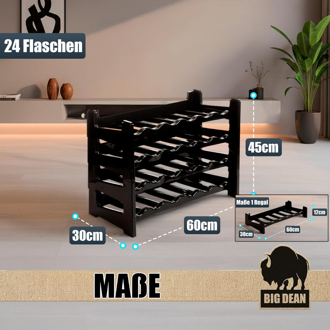 BigDean Flaschenregal stapelbar für 24 Flaschen Weinregal aus Kunststoff Schwarz Getränkeregal Flasc