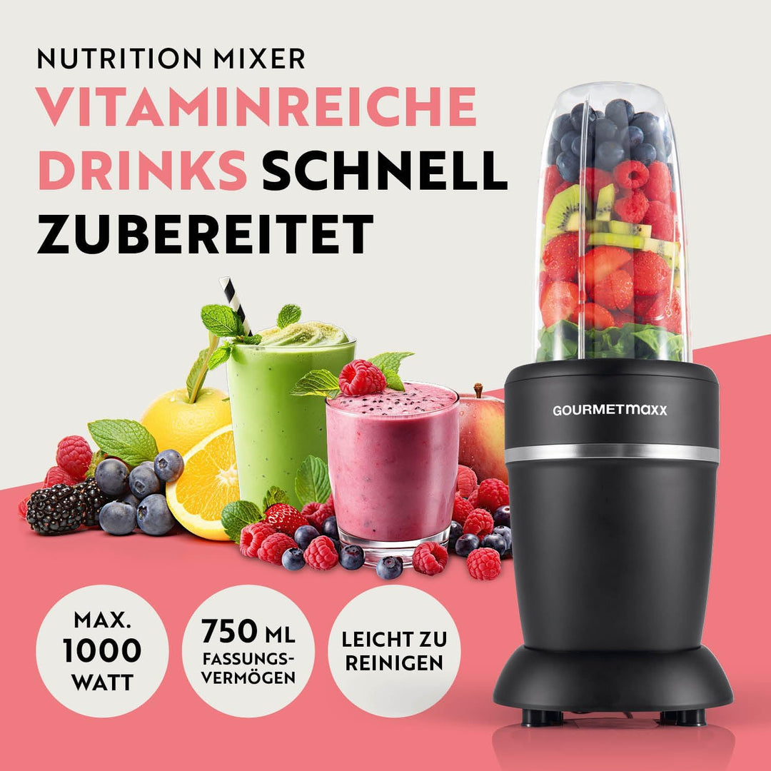 GOURMETmaxx Mixer & Smoothie Maker 4-tlg. | Standmixer elektrisch für den Vitaminkick to go | Nutrit