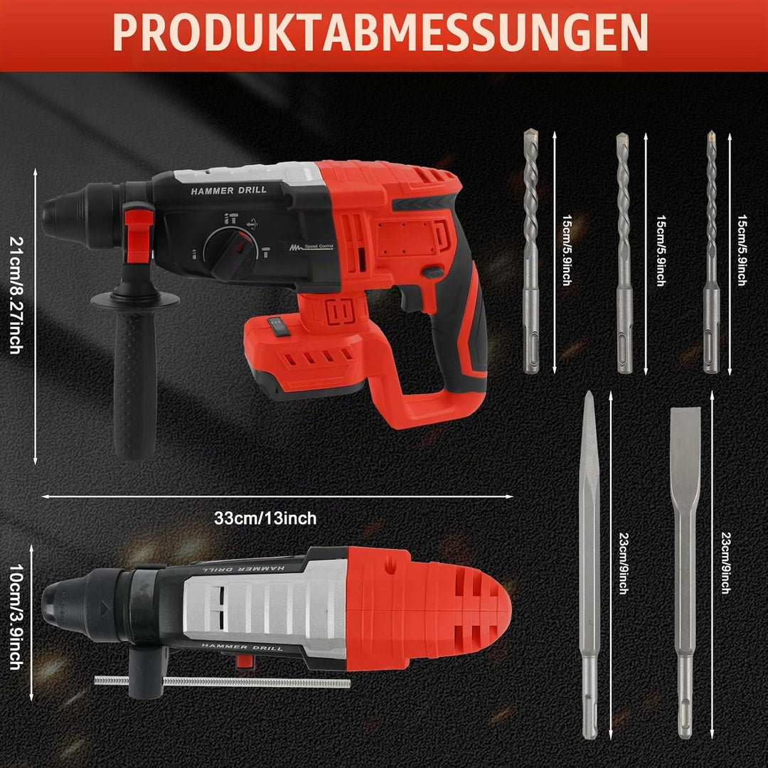 Professional Bohrhammer 600W kompatibel für Milwaukee 18V Akku(ohne Akku),Abbruchhammer Geschwindigk