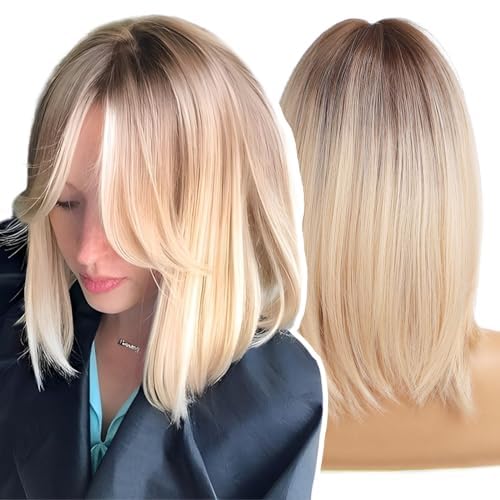 WOKESTAR Kurzes Blond mit Dunklen Wurzeln Farbe Perücken für Frauen, Bob Style Synthetische Hitzebes