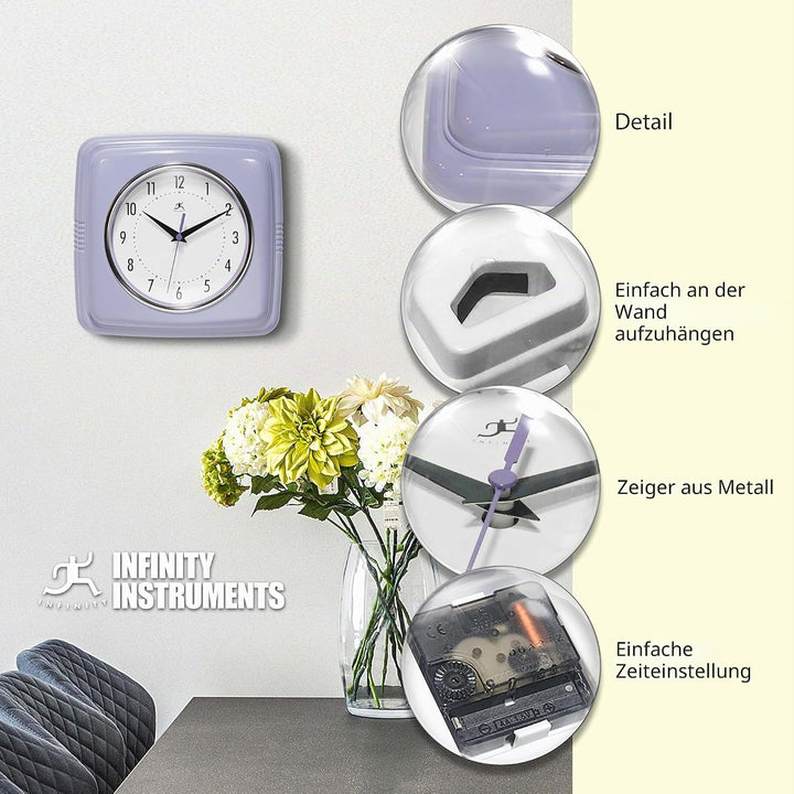 Infinity Instruments, Retro-Wanduhr, 22,9 cm quadratische Uhr, lautlos, nicht tickend, Mitte des Jah