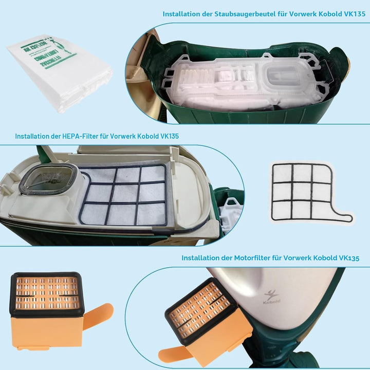 12 Staubsaugerbeutel für Vorwerk Kobold VK135 VK136 Mit 2 Motorschutzfilter +1 Hygienefilter, Premiu