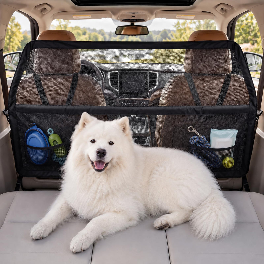 Hundegitter Auto Rücksitz & Kofferraum, 127 x 142 x 81 cm Hunde Schutznetz mit Verstärktem Sichtnetz