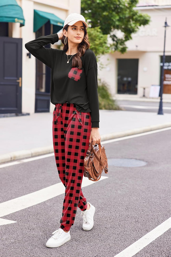 Ekouaer Schlafanzug Damen Lang Zweiteiler Pyjama Langarm Warm Pyjama Set Weich Nachtwäsche Kariert,