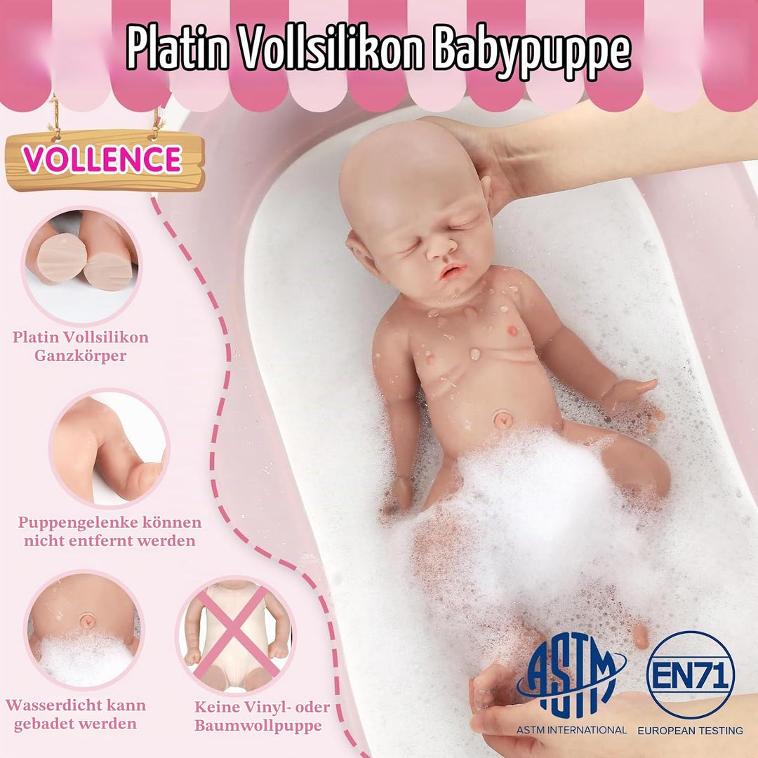 Vollence 31cm Reborn Baby Puppe Silikon, Schlafende Silikonpuppe, Realistische Babypuppe, 31cm Mädch