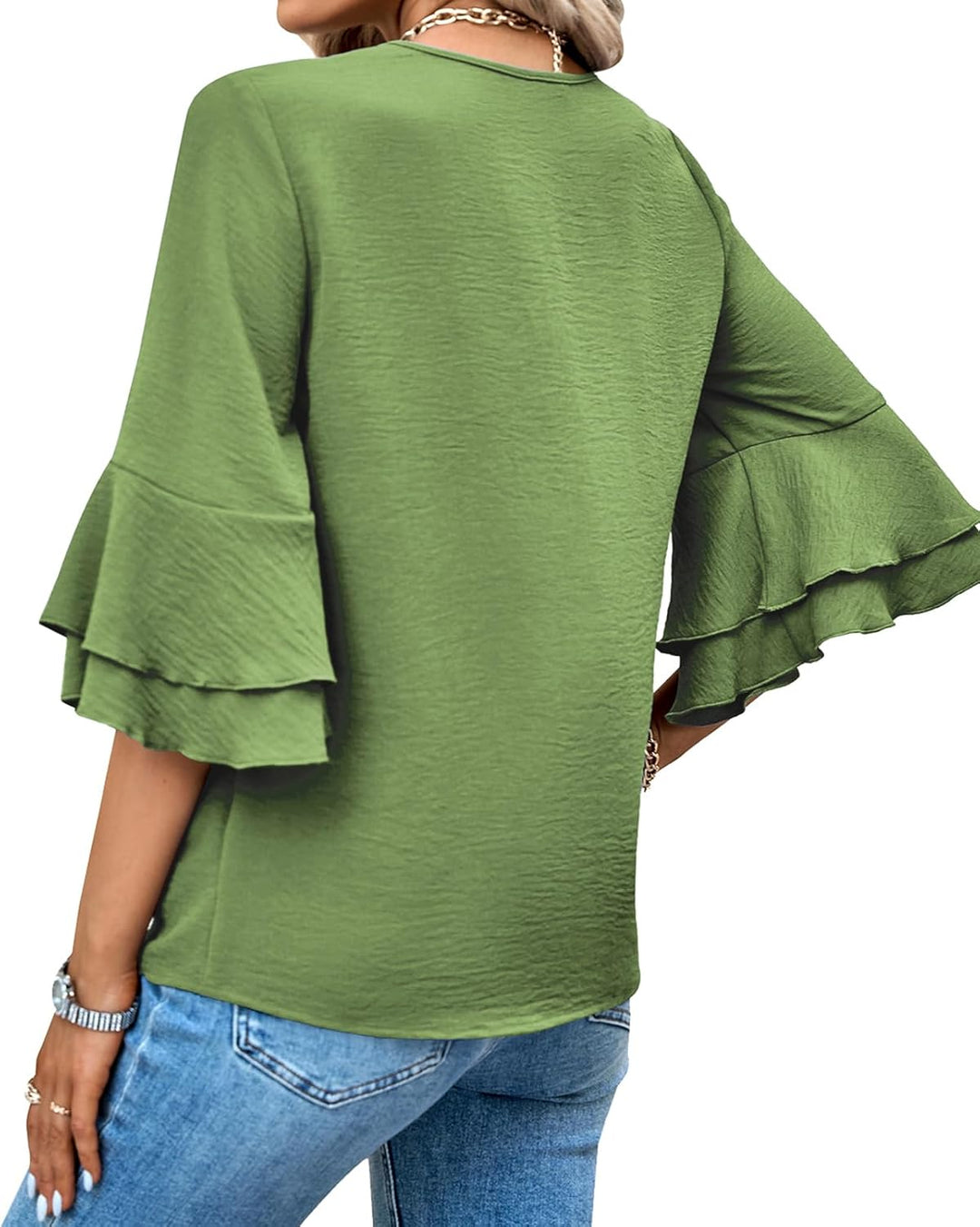 Tanmolo Damen Bluse Elegant V-Ausschnitt 3/4 Ärmel Lässige Blusen mit Rüschenärmel Tunika Tops Grasg
