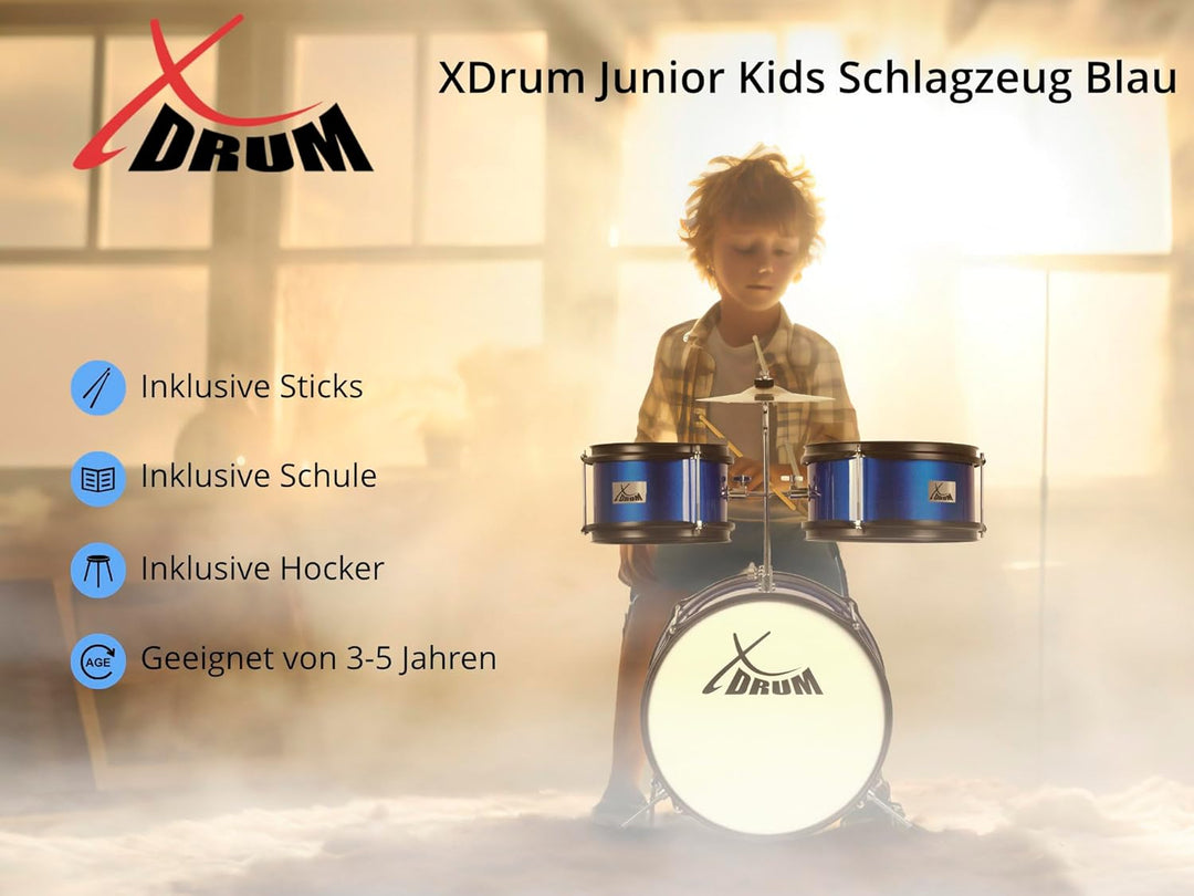 XDrum Junior KIDS Schlagzeug inkl. Schule - Kompaktes Kinderschlagzeug - Für Kinder im Alter von 3-5