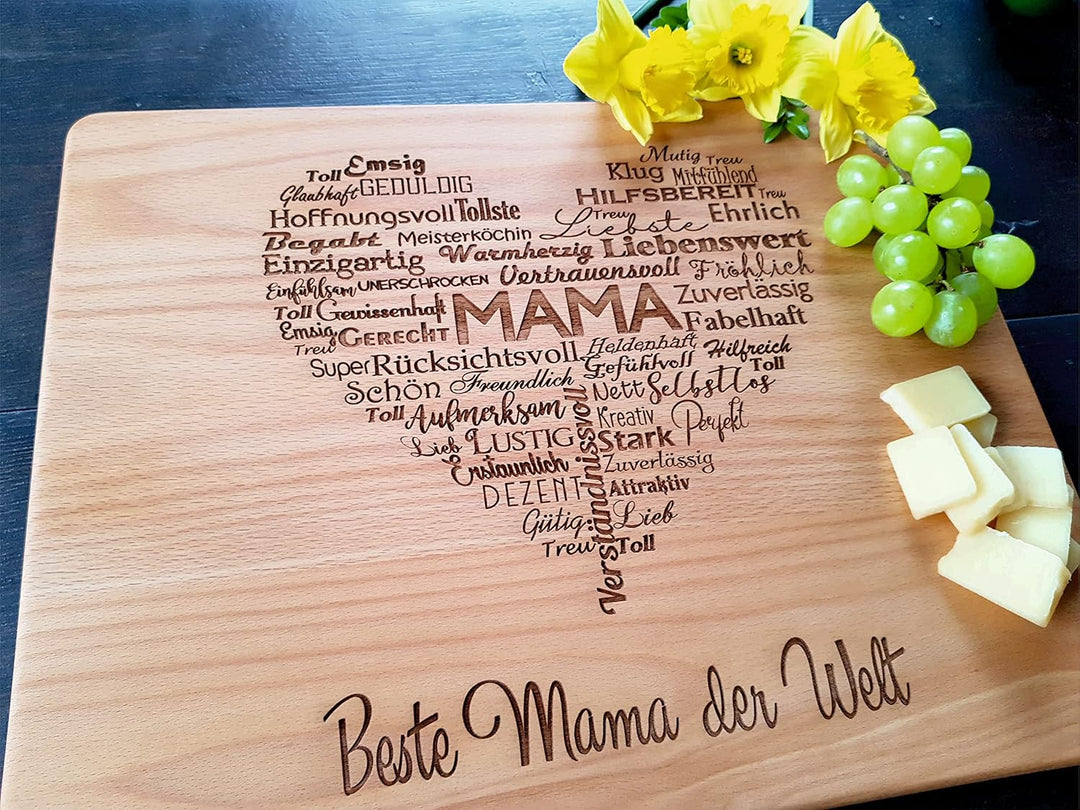 Handgefertigt Holzbrett für die beste Mama der Welt | Grosses Schneidebrett holz mit Lasergravur - 3