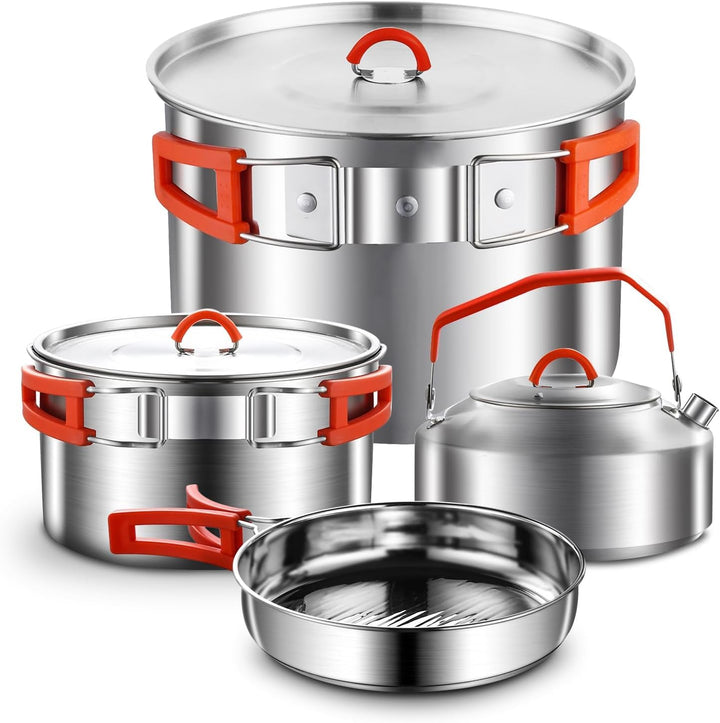 Camping Kochgeschirr Set,Camping Koch Set,304 Edelstahl Campingtöpfe und Pfannen Set,Campinggeräte f