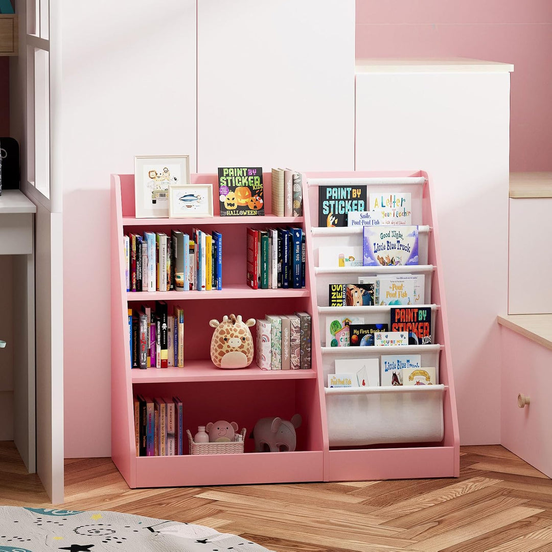 KEEPREAPER Kinderregal Bücherregal für Kinder 90x40x80cm, mit 5 Ablage und 4 offenen Fächern, Holz,