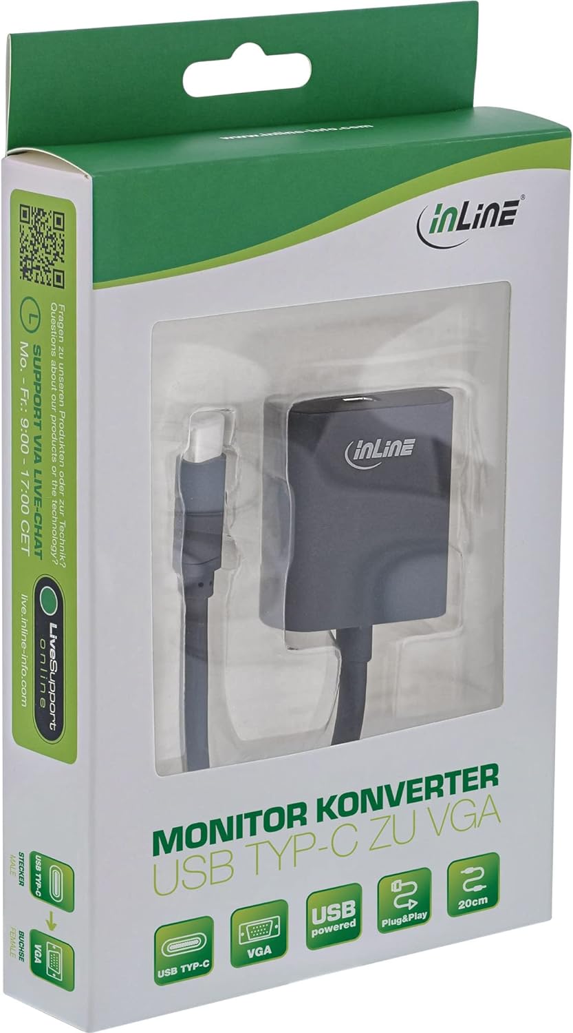 InLine 64104B USB Display Konverter, USB Typ-C Stecker zu VGA Buchse (DP Alt Mode), schwarz, 0.2m