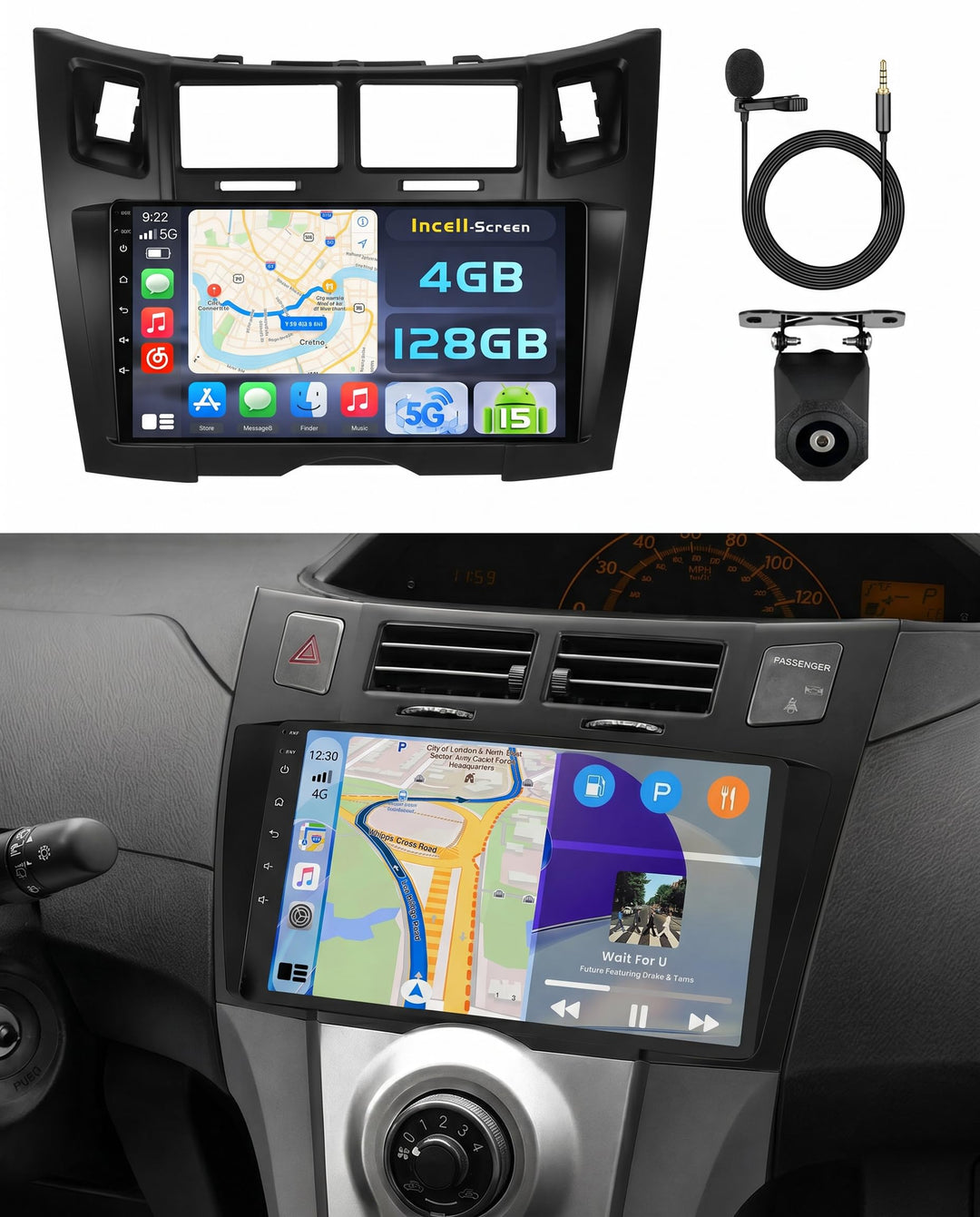 Hikity Android 15 4+128GB Autoradio für Toyota Yaris/Vitz 2005-2011 mit 9 Zoll Incell Touchscreen, A