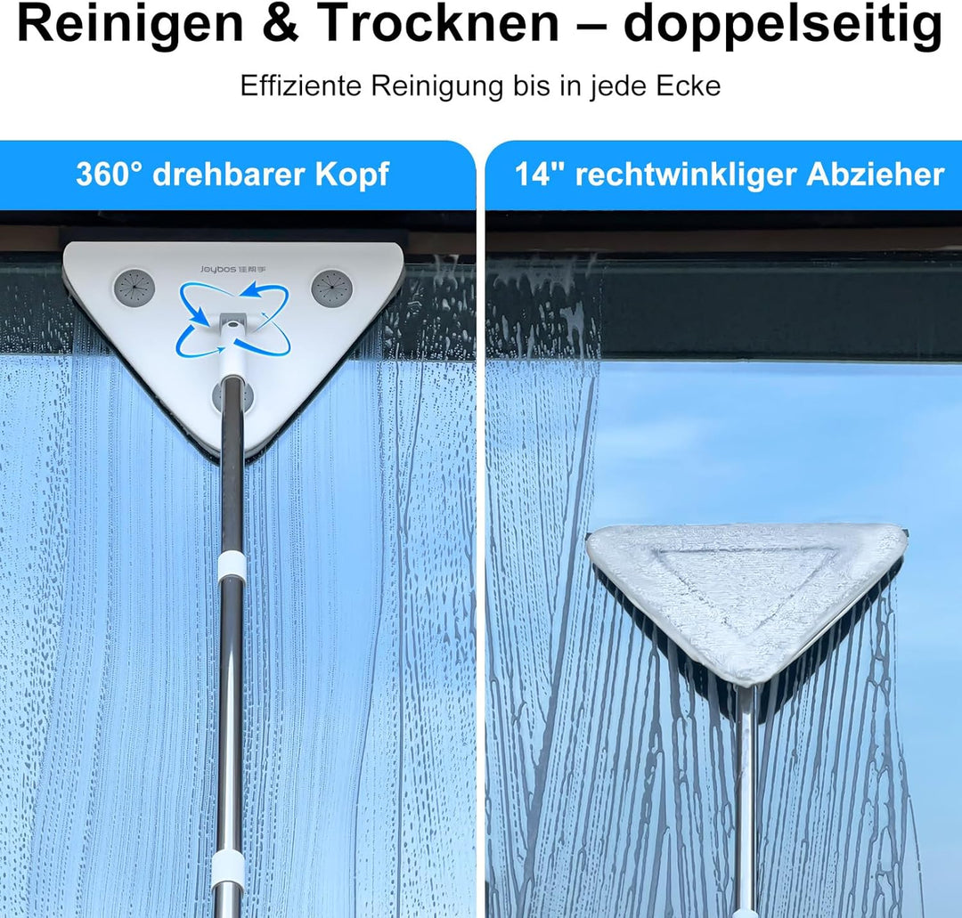 CTIME 3-in-1 Fensterreiniger mit 360° drehbarem Dreieckkopf & Teleskopstiel (200 cm) – Fensterabzieh