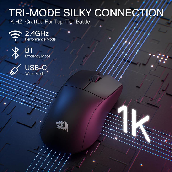 Redragon M916 PRO 3-Modus Wireless Gaming Maus, 49G Ultra-Leicht 26K DPI Maus mit Ergonomischem Natü