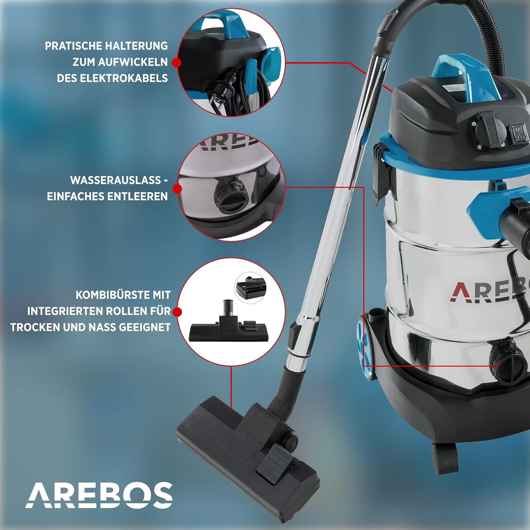 Arebos Industriestaubsauger 1600W | Nass- &amp; Trockensauger | Aschesauger für Kamin &amp; Grill | Mehrzwec