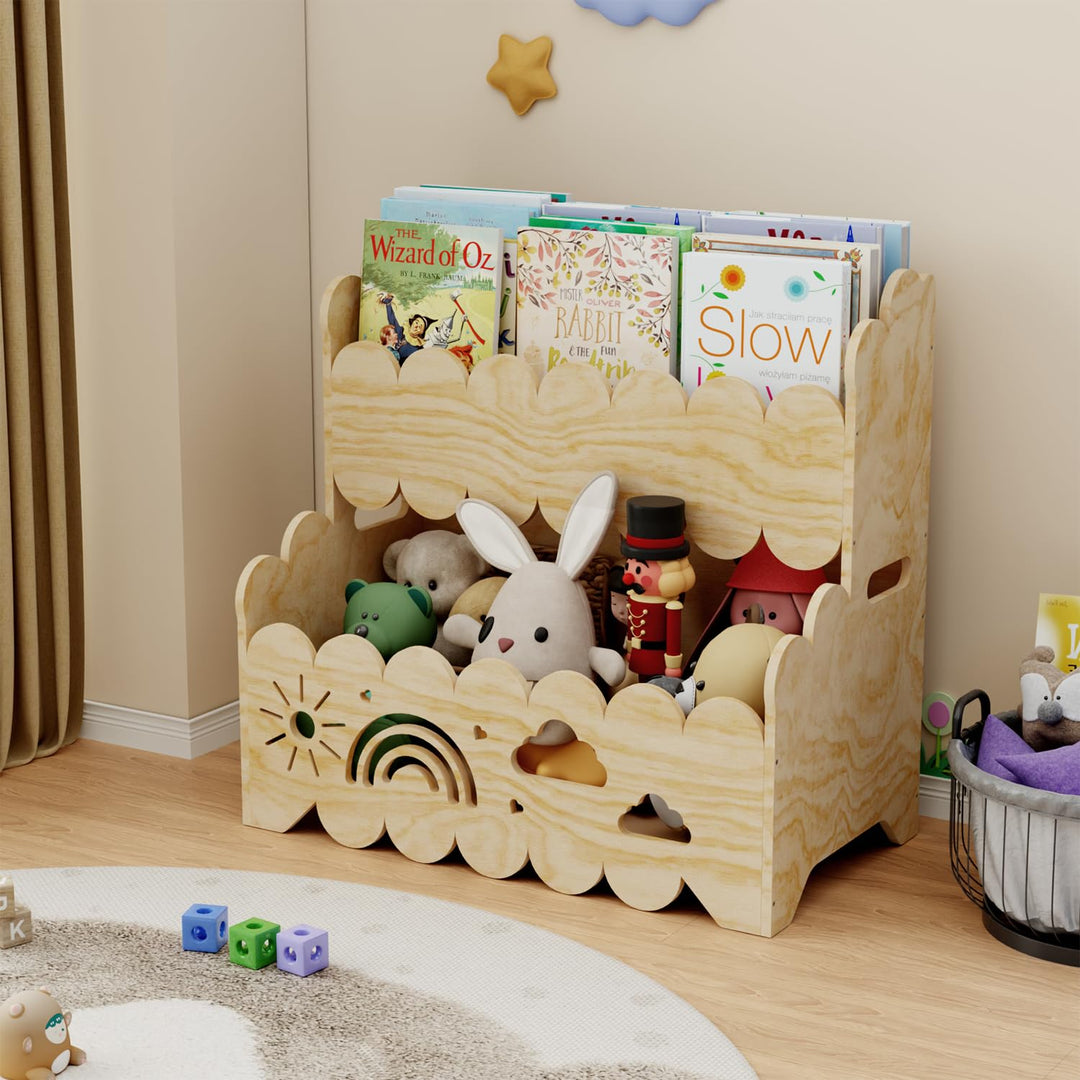 2-stöckiges Kinderbücherregal aus Holz, Montessori-Bücherregal, Geeignet für Kinderzimmer, Kindergar