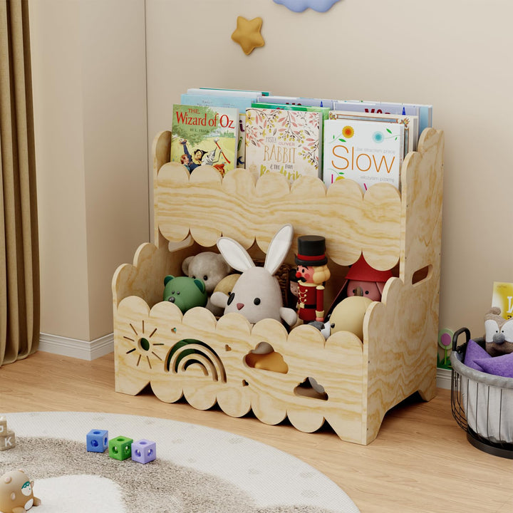 2-stöckiges Kinderbücherregal aus Holz, Montessori-Bücherregal | Geeignet für Kinderzimmer, Kinderga