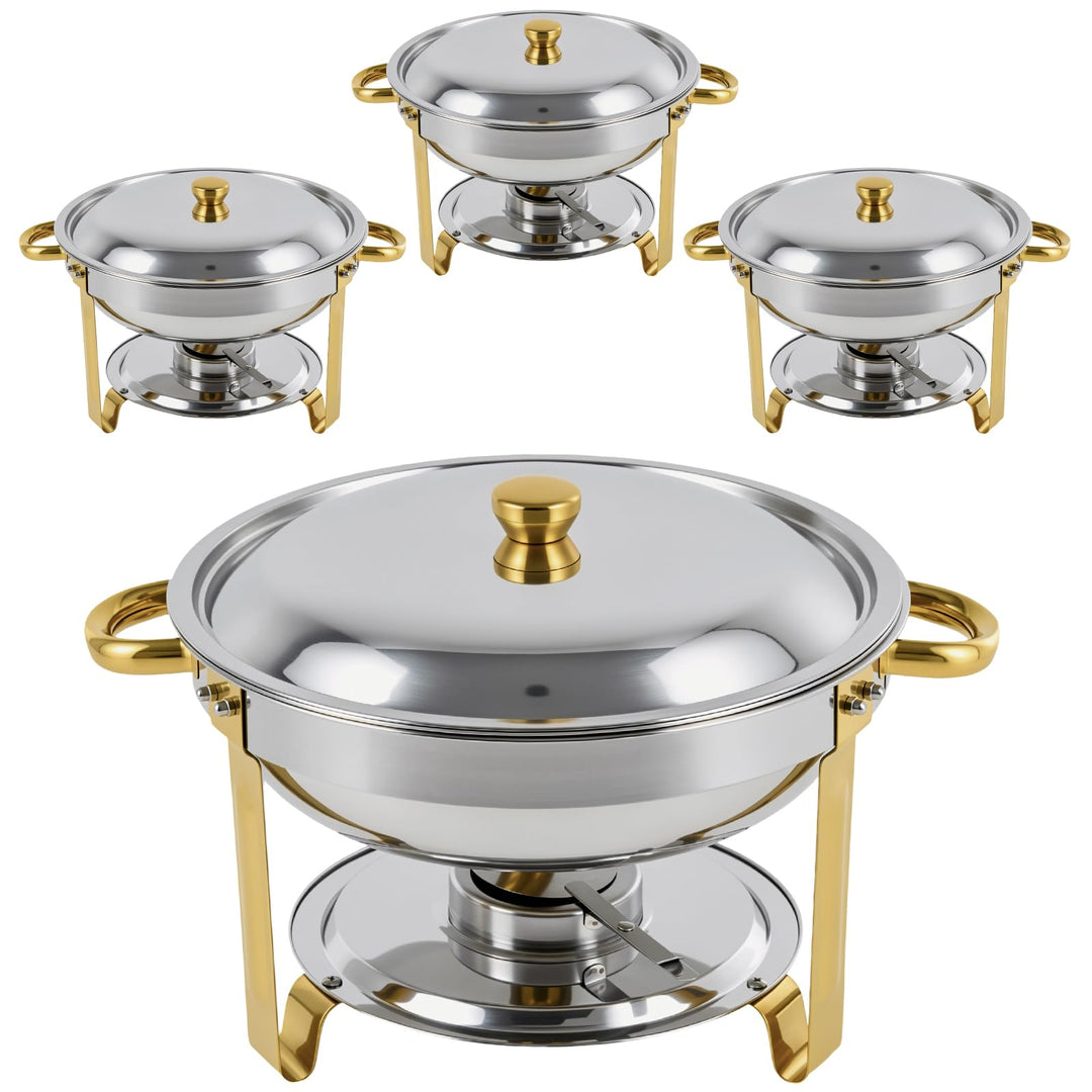Chafing Dish Set 4er-Pack rund, 5 QT Edelstahl Buffetwärmer mit goldenen Griffen & Gestell, Elegante