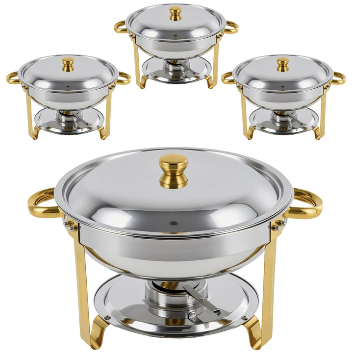 Chafing Dish Set 4er-Pack rund, 5 QT Edelstahl Buffetwärmer mit goldenen Griffen & Gestell, Elegante