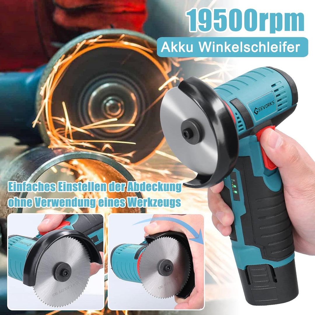 Mini Winkelschleifer,12V Akku Mini Flex 19500 rpm,Mit 2 * 2000 mAh Akku 6 Trennscheiben (76mm Durchm