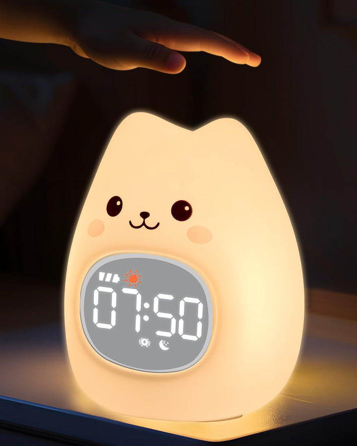 Yiliaw Katzen Kinderwecker mit Nachtlicht – Schlaftrainer & Aufwachuhr, wiederaufladbare Silikonlamp