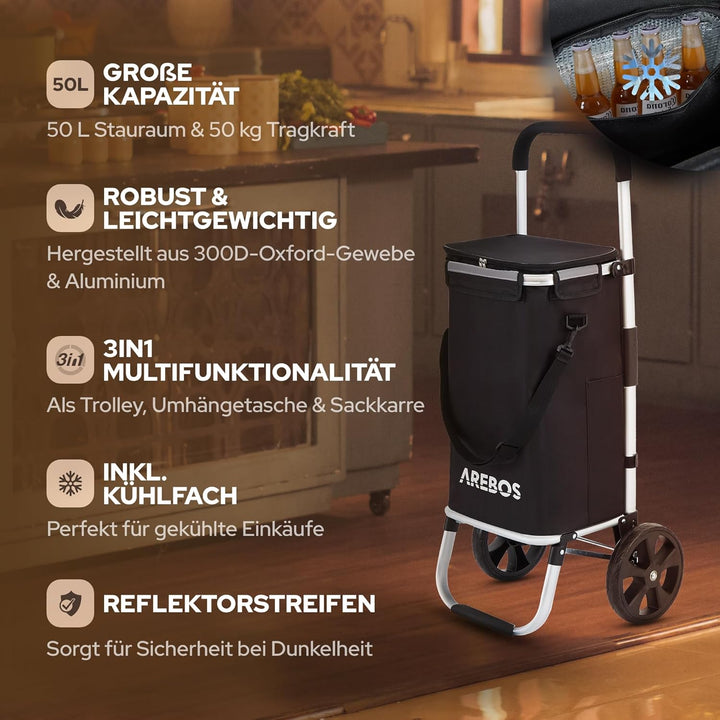 Arebos 3in1 Einkaufstrolley | Trolley gross 56 Liter | Einkaufswagen mit Kühlfach | Einkaufstasche m