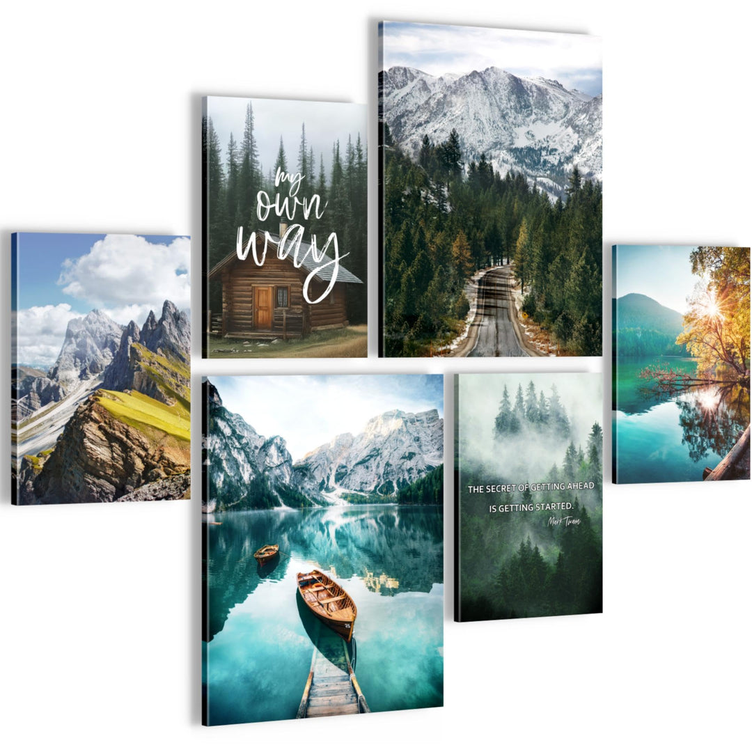 Novart Wandbilder Set AUFHÄNGFERTIG Natur Berge See Landschaft - Modern Deko Blau Grün - Wohnzimmer