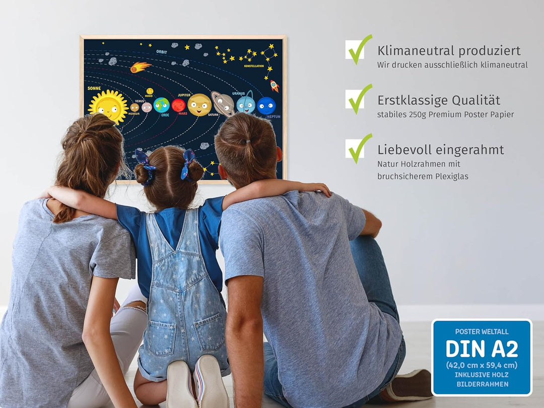 kizibi® Weltraum Kinder Poster mit Rahmen Eiche, Weltall Universum für Mädchen und Jungen im Kinderz
